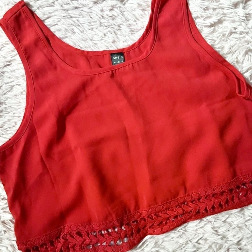 Bold Powerful Loud Love Lace Trim Crop Top Womens M Dainty Delicate Feminine Red - Picture 2 of 5